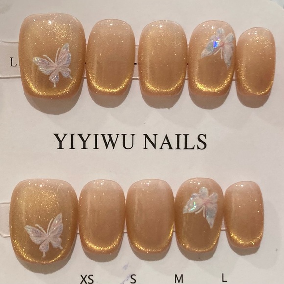 Dainty Specialty Other - [M] 🦋 10Pcs Wearable Press on Nails Short Round Natural Golden Cat Eye Butterfly